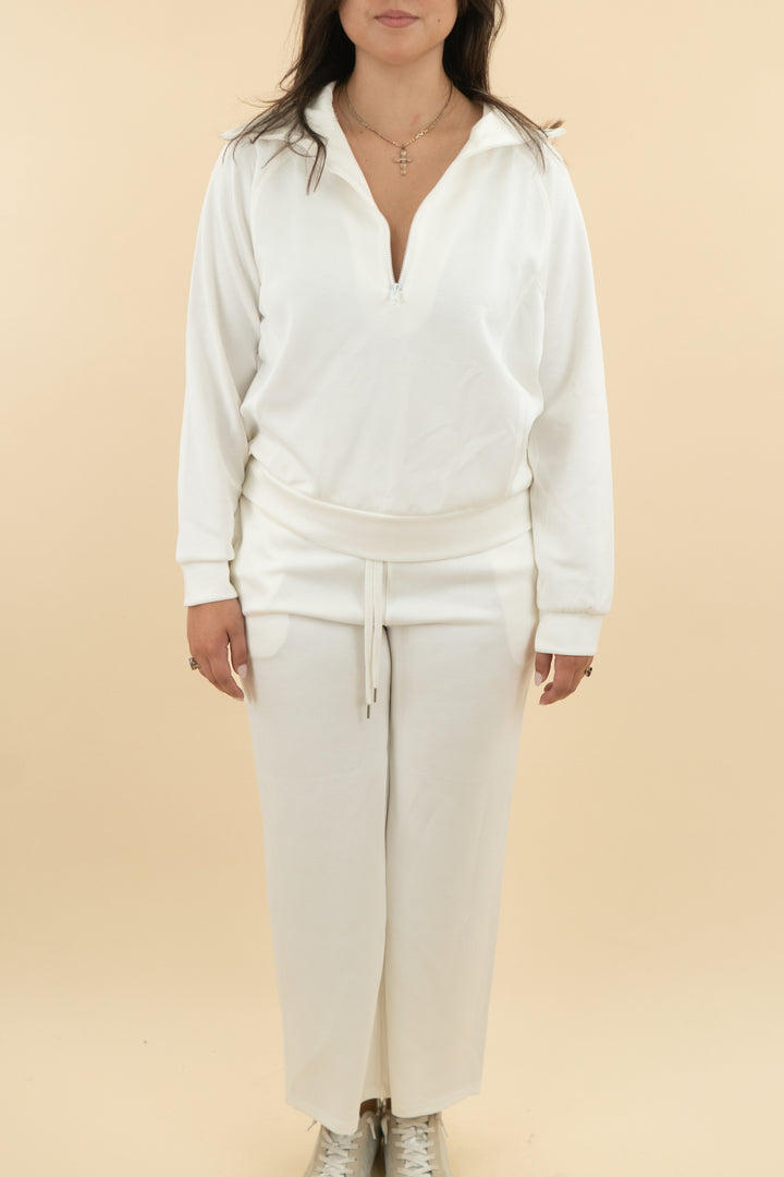 46. logene white flare lounge pant and pullover set (l; retail $50)