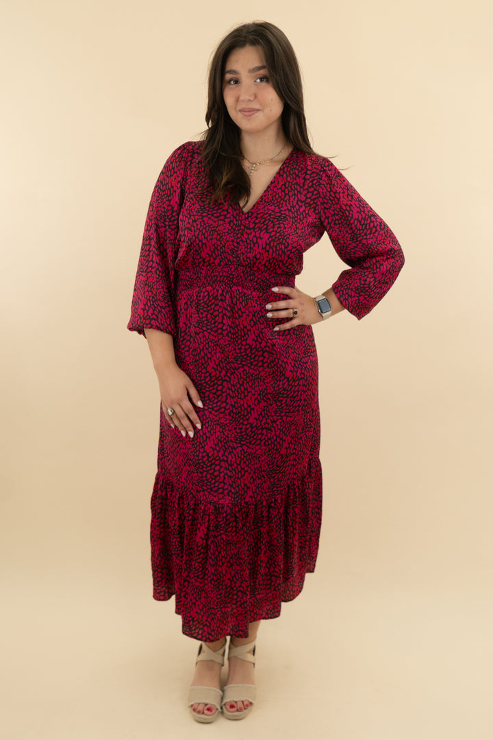 nine west v neck pink and red midi dress nwt (l; retail $49.99)