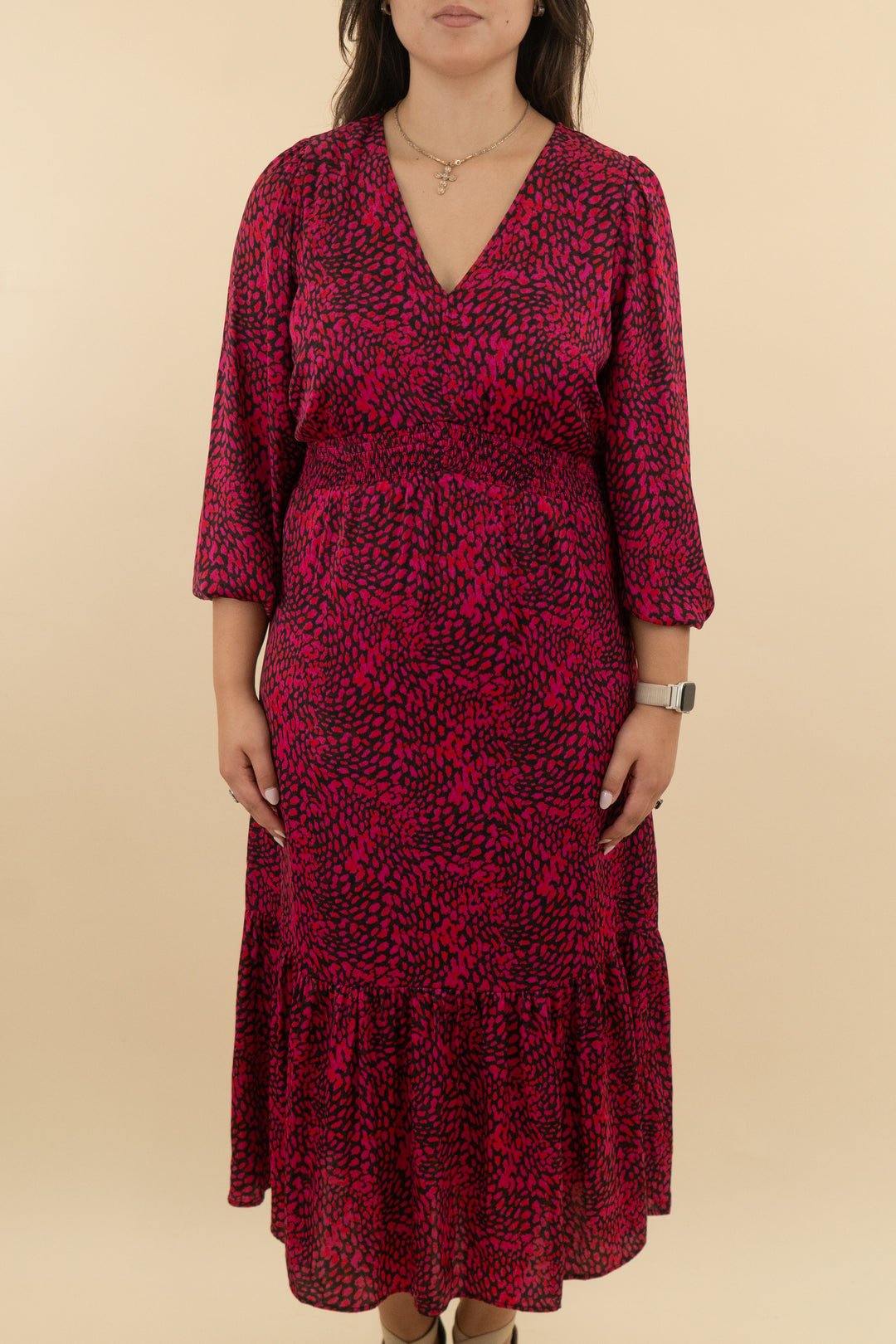 nine west v neck pink and red midi dress nwt (l; retail $49.99)