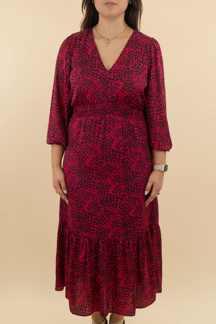 nine west v neck pink and red midi dress nwt (l; retail $49.99)