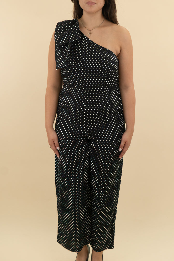 kate spade x target black & white polka dot one shoulder jumpsuit nwt (12; retail $99)