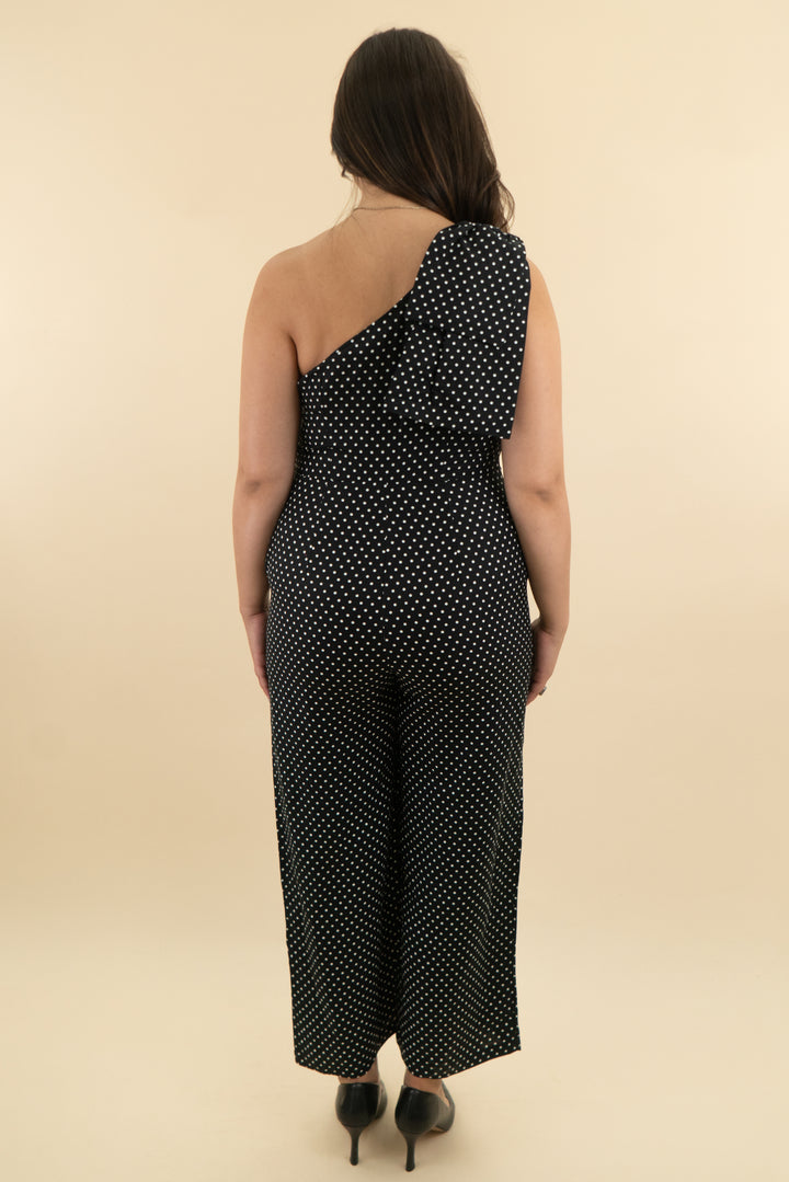 kate spade x target black & white polka dot one shoulder jumpsuit nwt (12; retail $99)