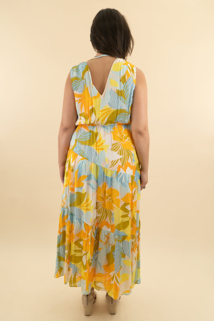 1 state blue and orange patterned maxi dress (l: retail $99)