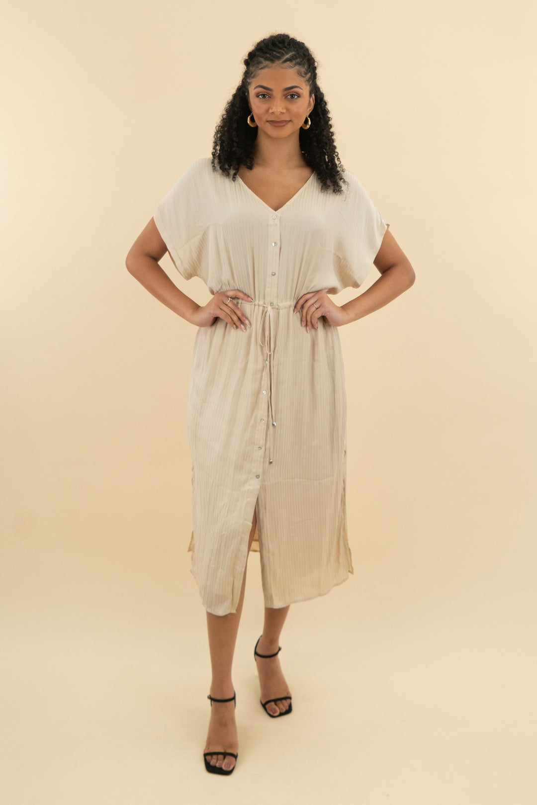 lucy paris beige satin striped midi dress (m; retail $138)