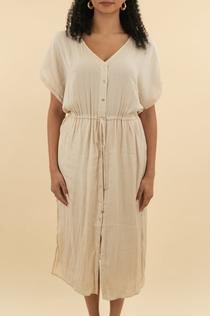 lucy paris beige satin striped midi dress (m; retail $138)