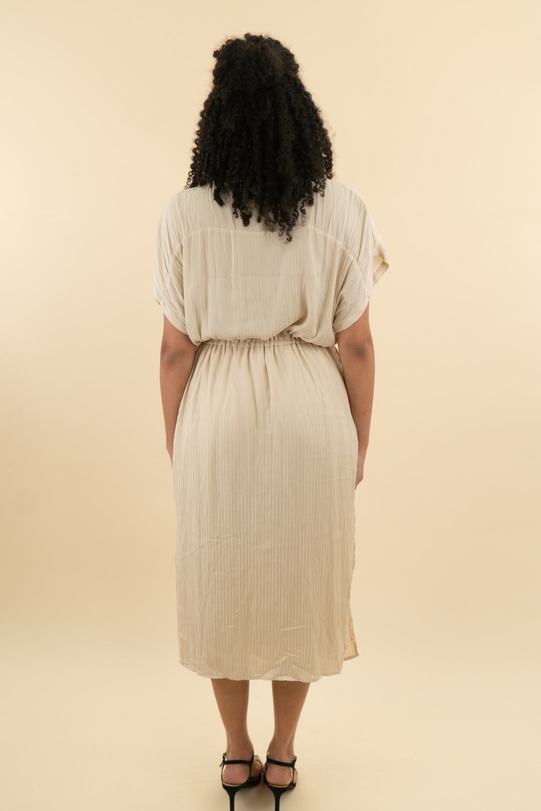 lucy paris beige satin striped midi dress (m; retail $138)