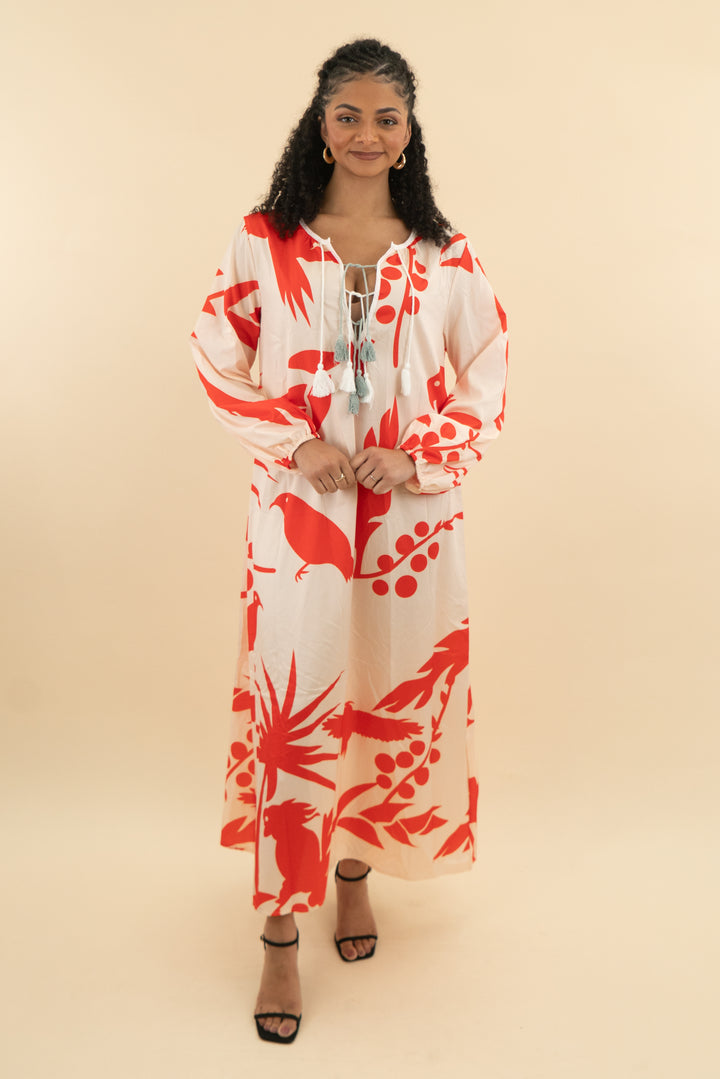 beige and red bird print cover up (l; retail $48)