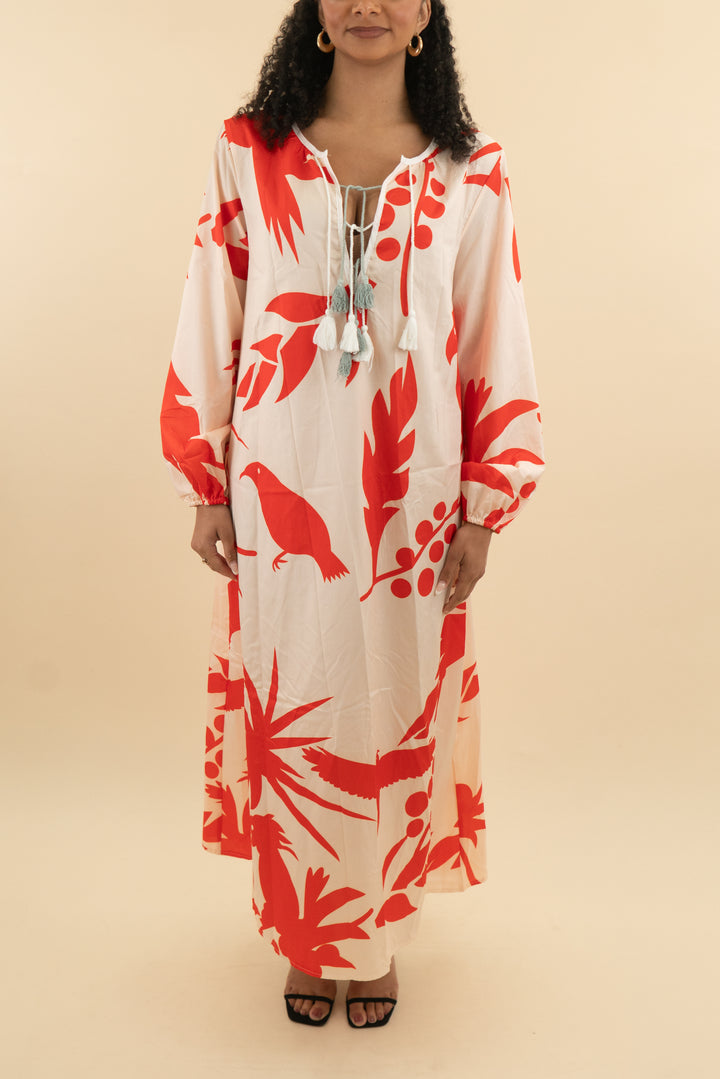 beige and red bird print cover up (l; retail $48)