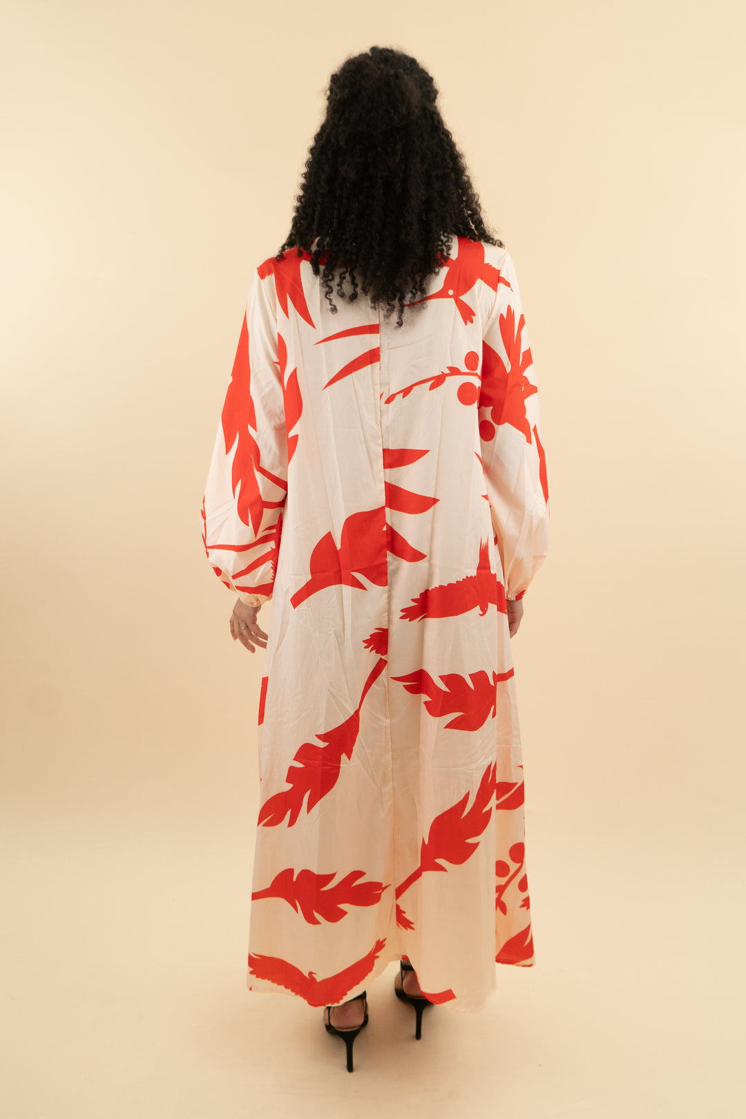 beige and red bird print cover up (l; retail $48)