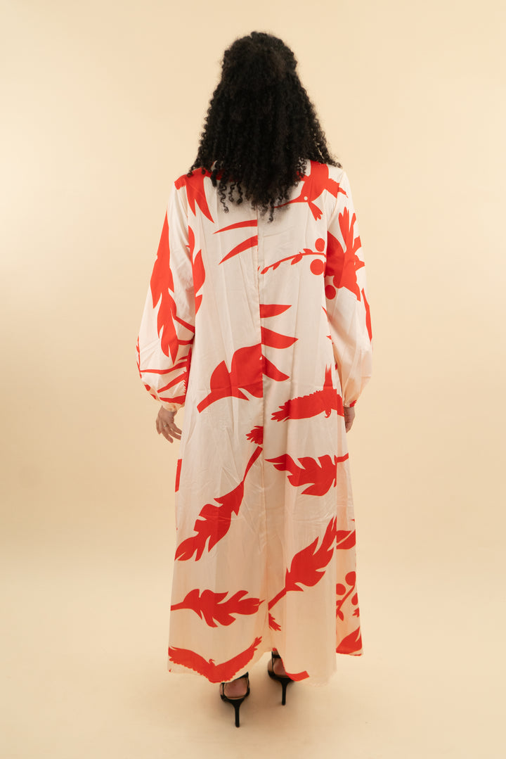 beige and red bird print cover up (l; retail $48)