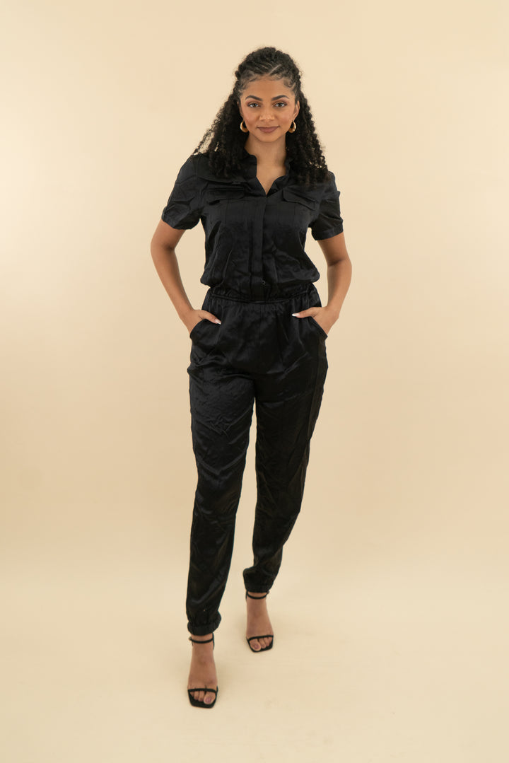 cami black satin jogger short sleeve jumpsuit (m; retail $128)