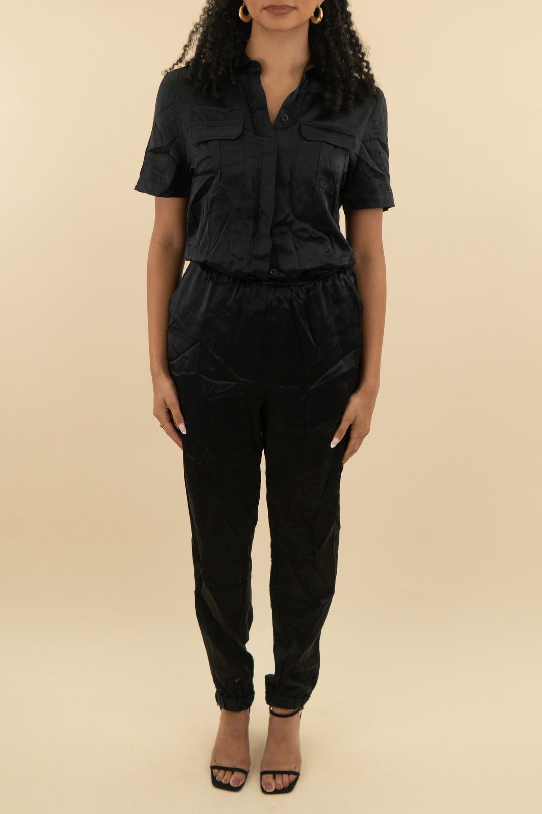 cami black satin jogger short sleeve jumpsuit (m; retail $128)