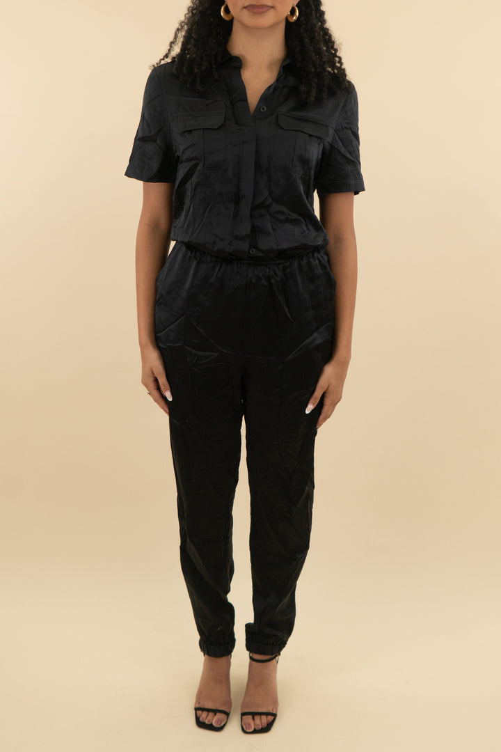 cami black satin jogger short sleeve jumpsuit (m; retail $128)