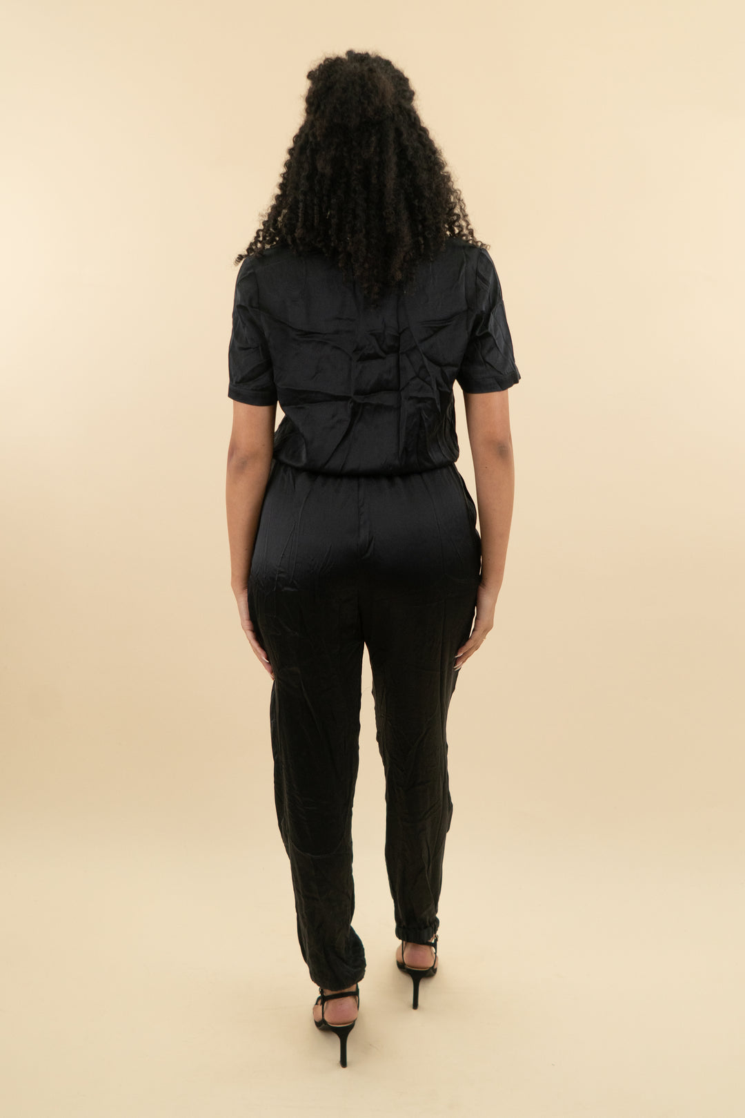cami black satin jogger short sleeve jumpsuit (m; retail $128)