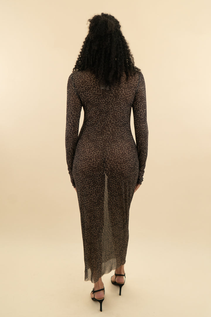 afrm leopard print mesh turtleneck maxi dress (l; retail $142)