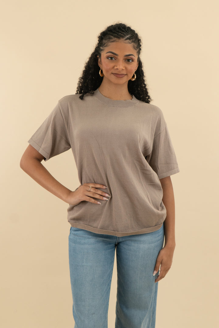 all fenix dark beige knit crew neck top (m; retail $58)