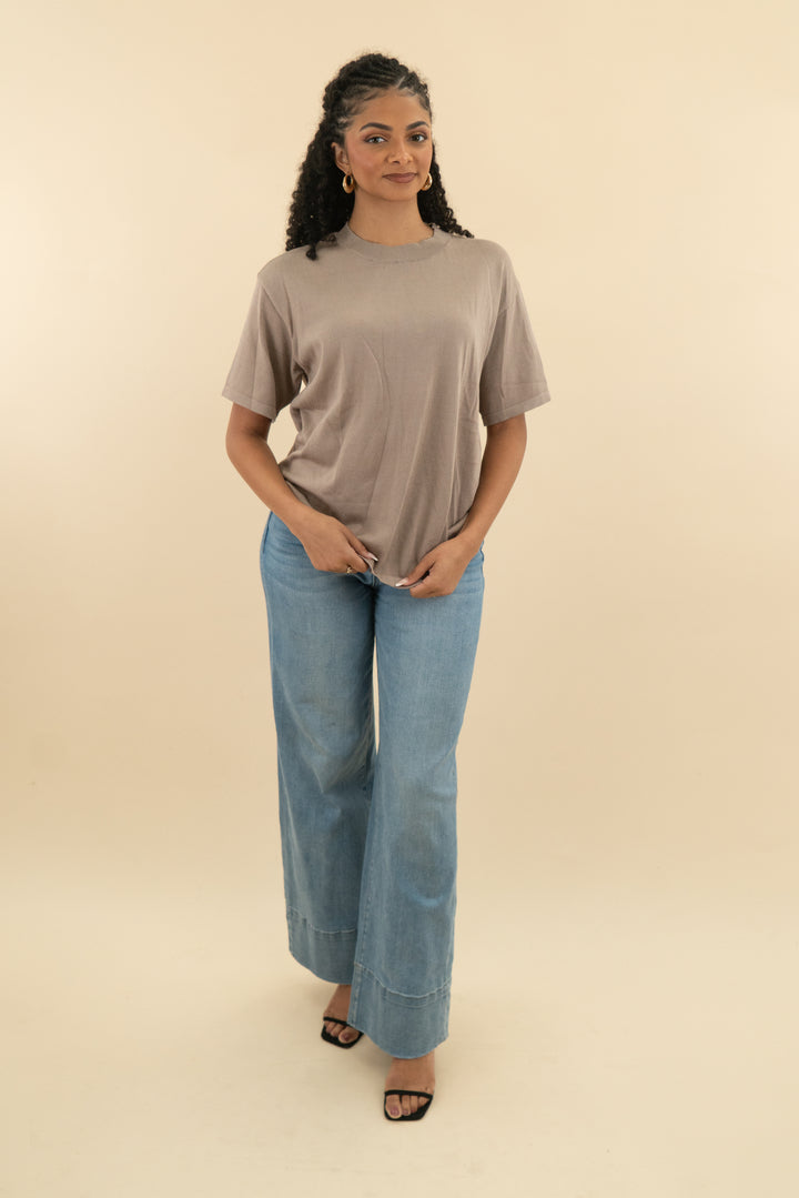 all fenix dark beige knit crew neck top (m; retail $58)