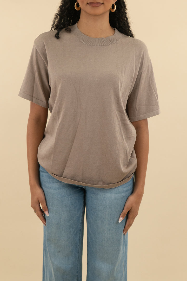 all fenix dark beige knit crew neck top (m; retail $58)