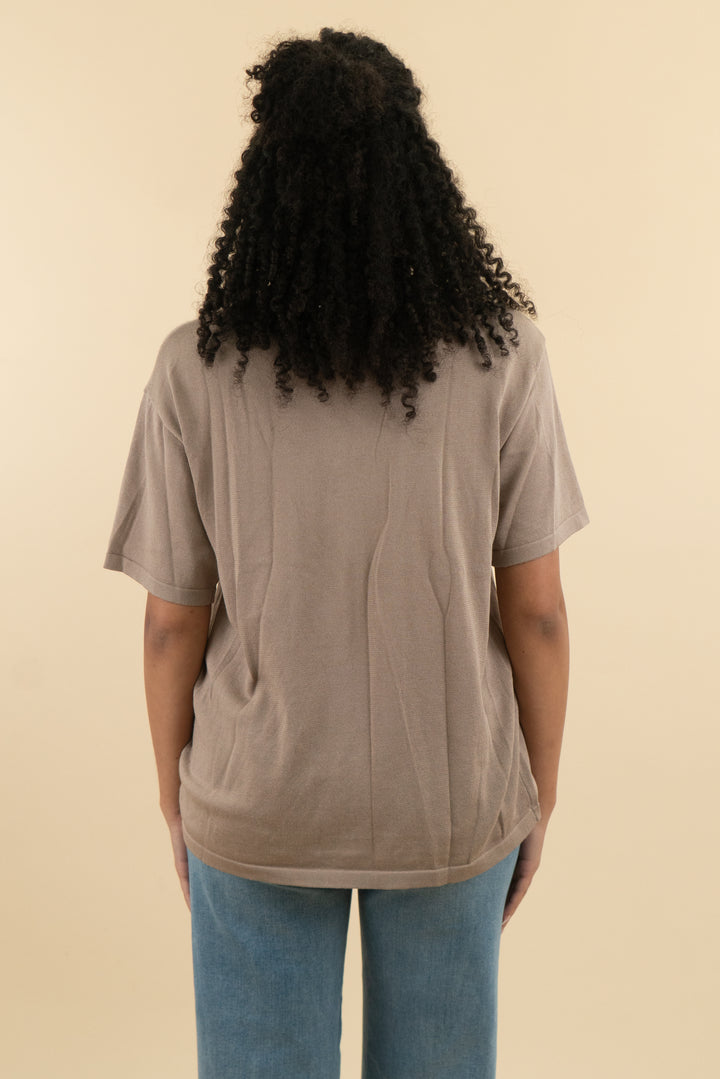 all fenix dark beige knit crew neck top (m; retail $58)
