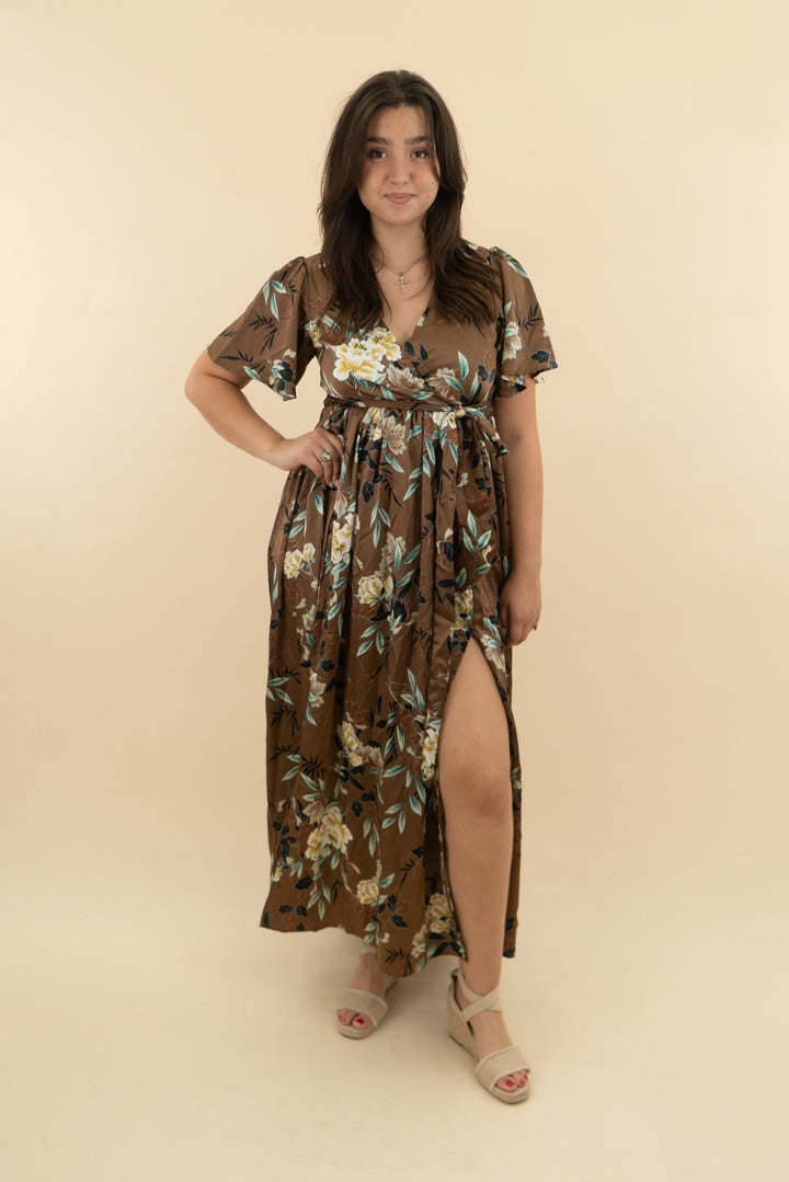 baltic born mocha floral satin maxi dress nwt (l: retail $95)