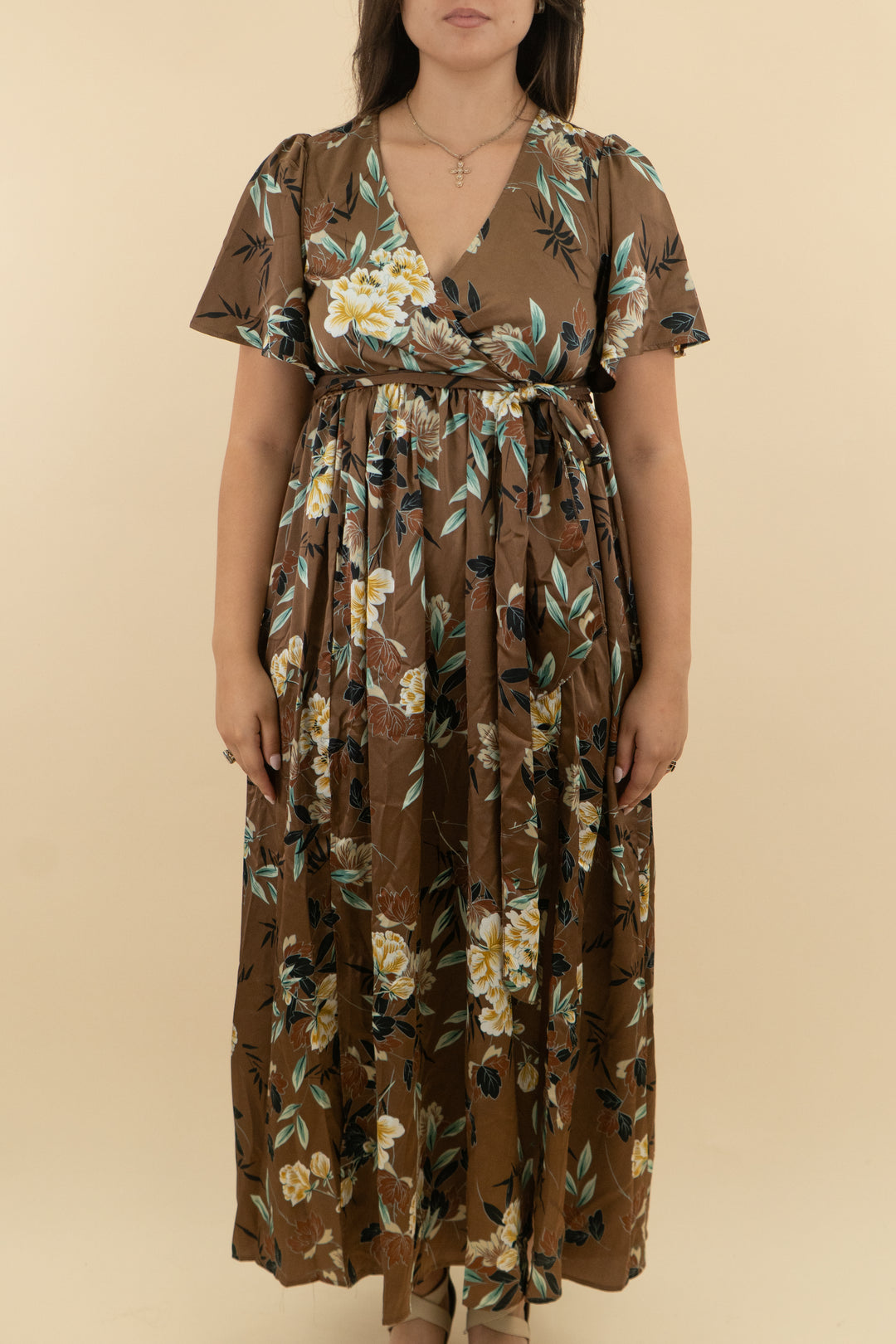 baltic born mocha floral satin maxi dress nwt (l: retail $95)