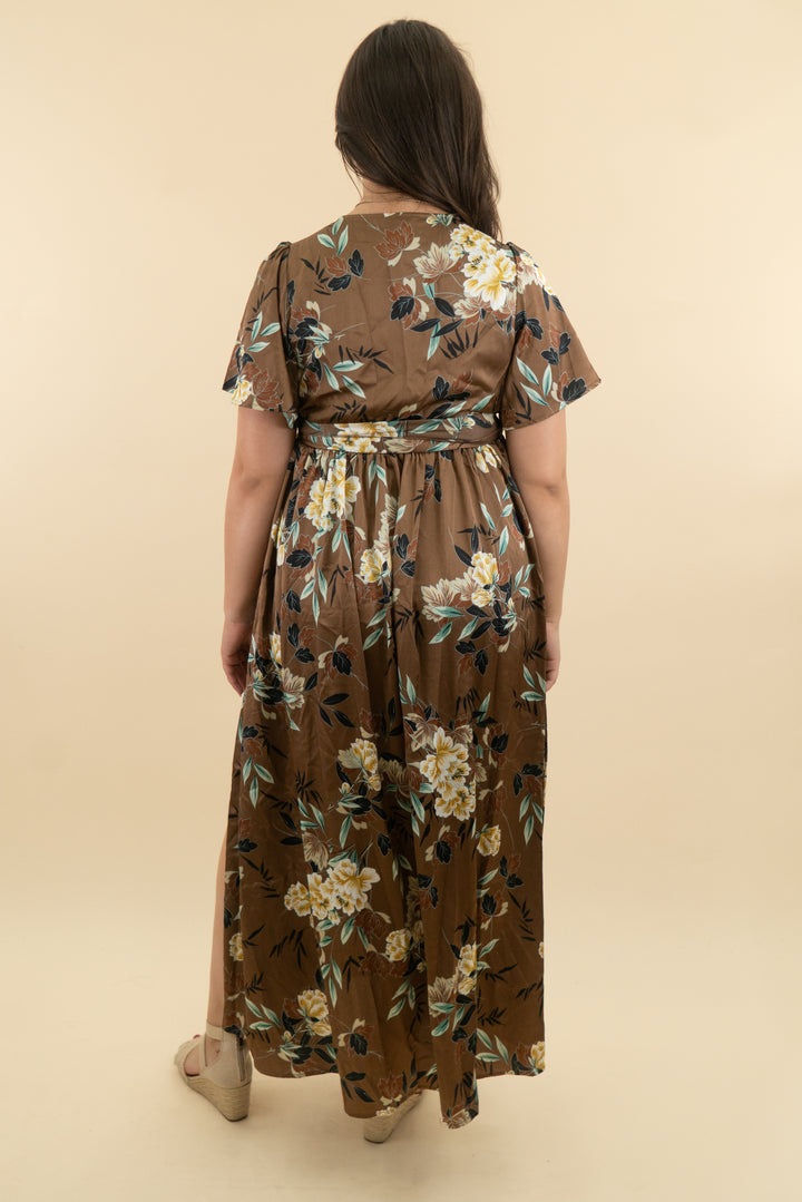 baltic born mocha floral satin maxi dress nwt (l: retail $95)