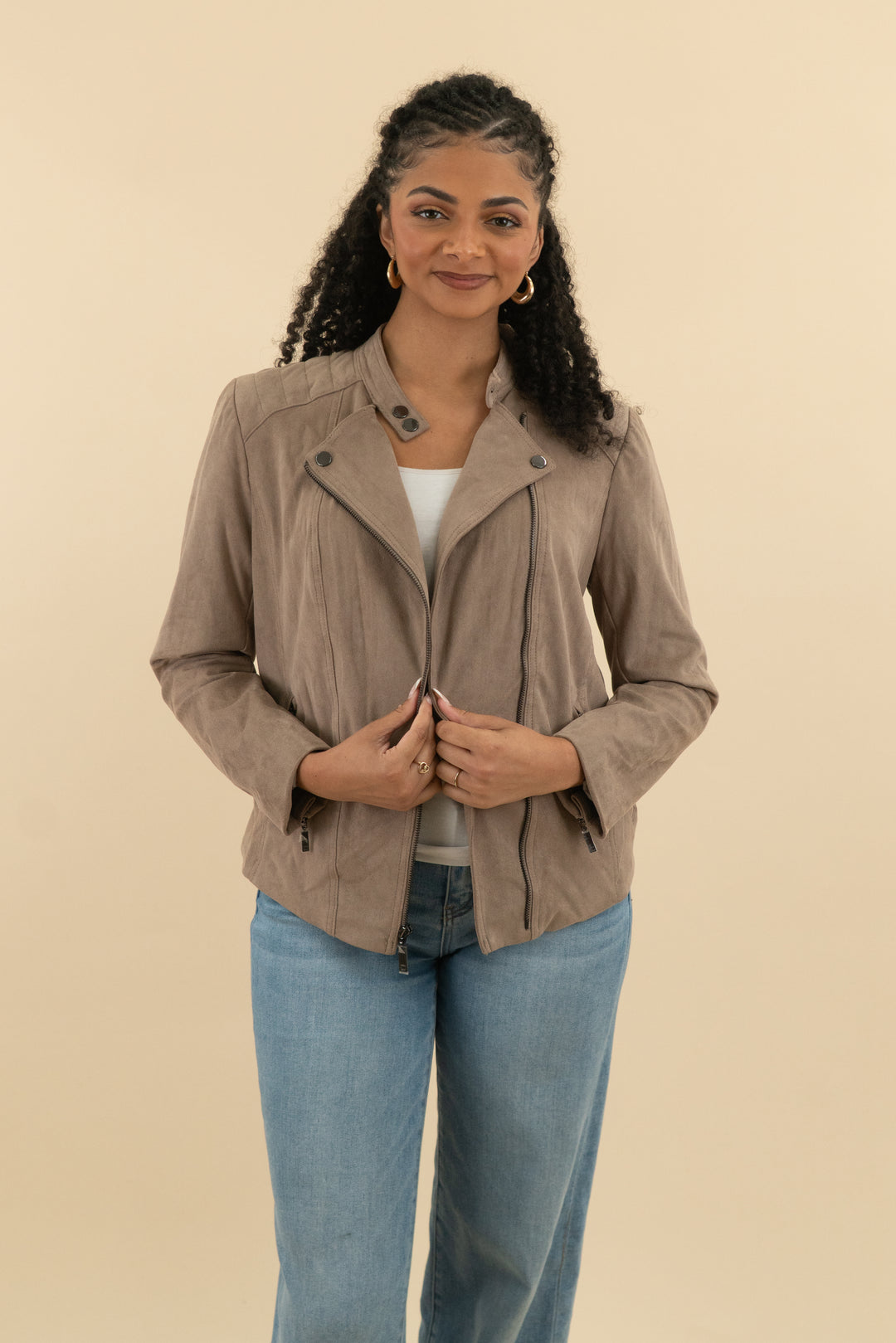 chicos dark beige faux suede moto jacket (1; retail $150)