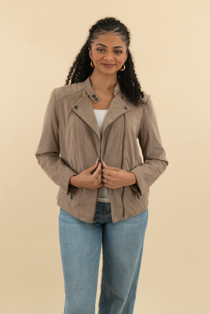 chicos dark beige faux suede moto jacket (1; retail $150)