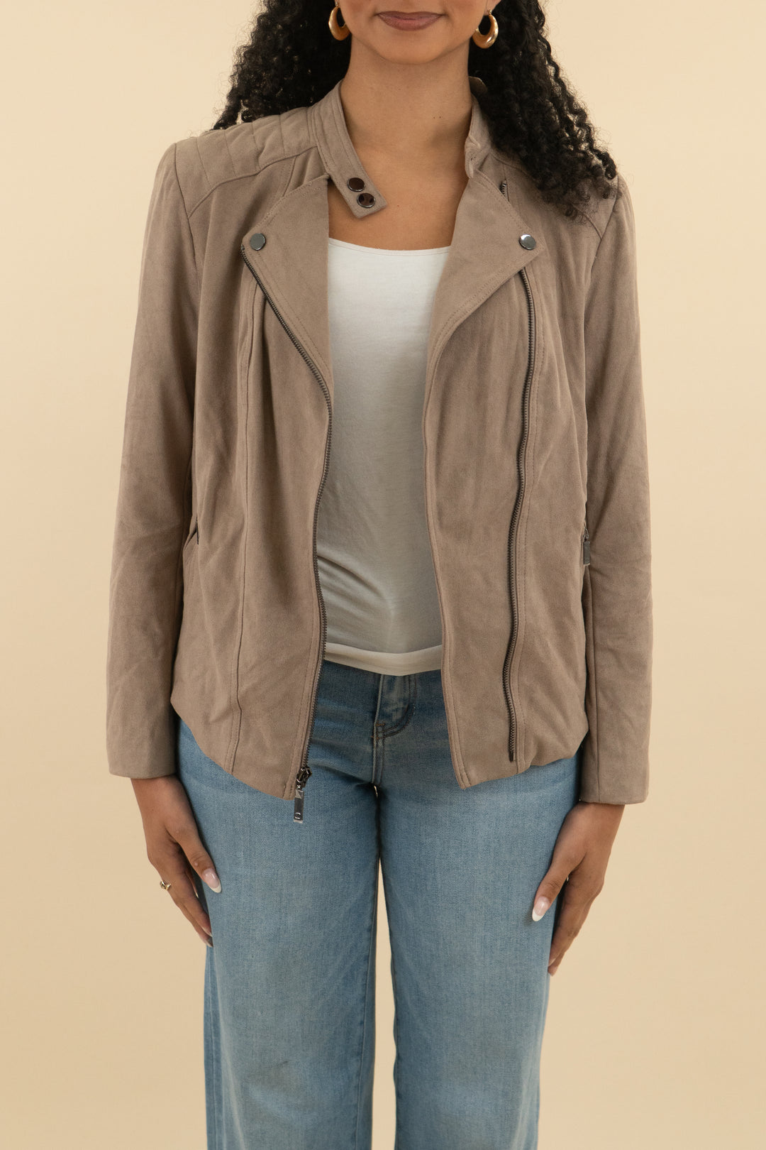 chicos dark beige faux suede moto jacket (1; retail $150)
