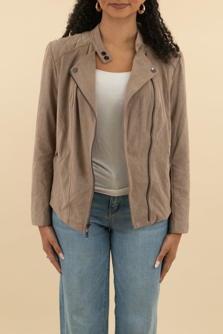 chicos dark beige faux suede moto jacket (1; retail $150)
