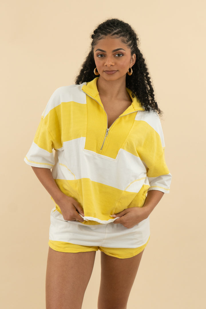 yellow and white striped short sleeve quarter zip short set (m; retail $49)