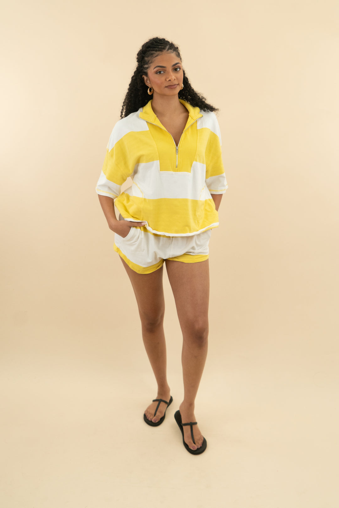 yellow and white striped short sleeve quarter zip short set (m; retail $49)