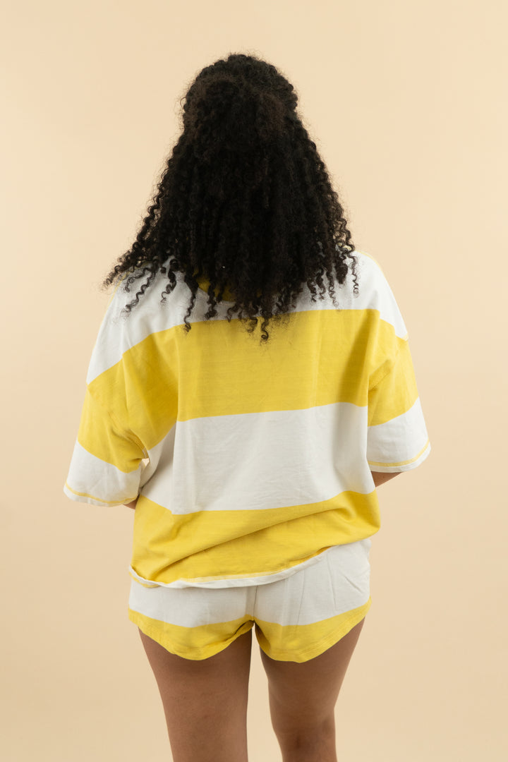yellow and white striped short sleeve quarter zip short set (m; retail $49)