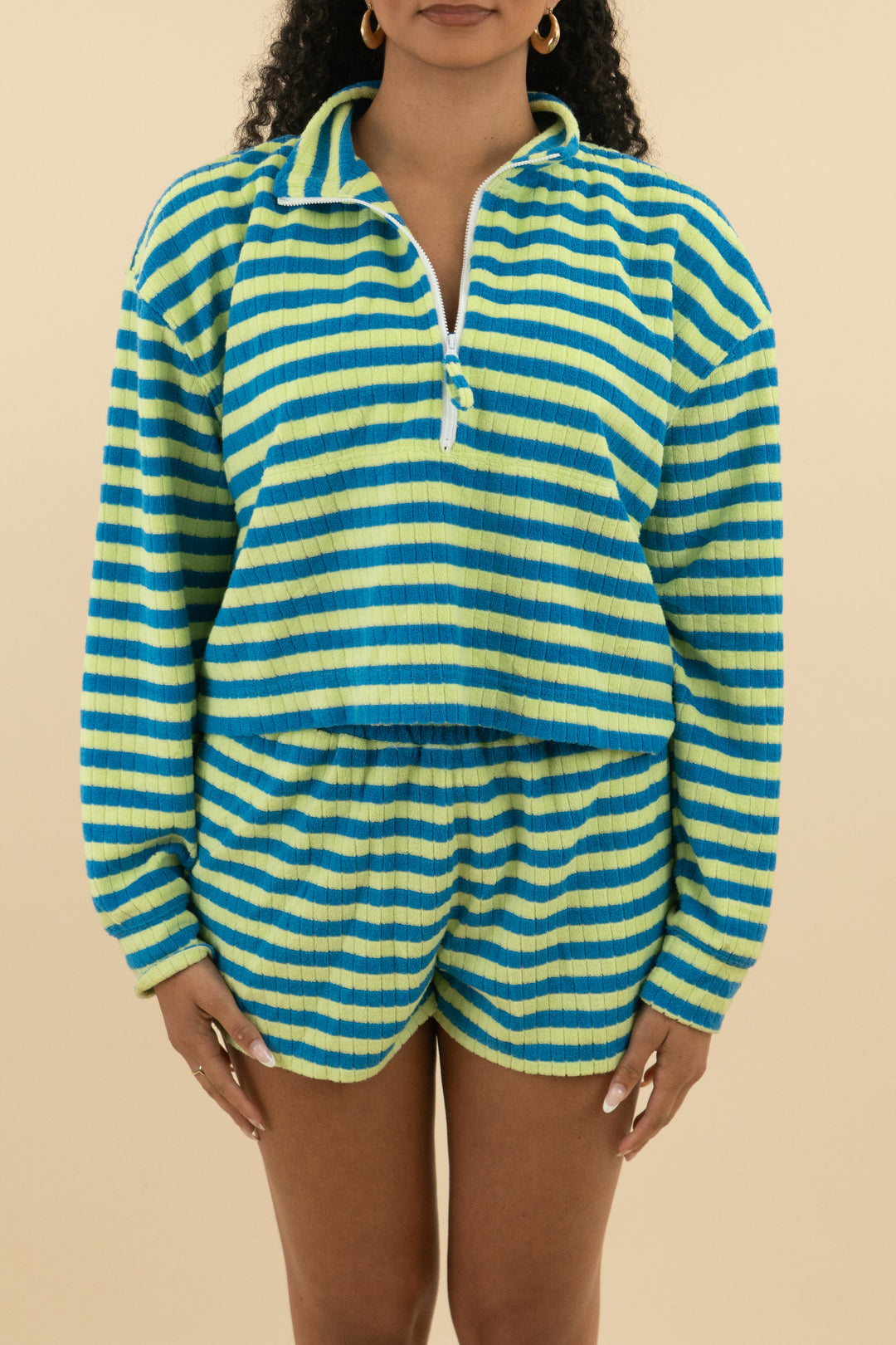 sincerely jules for bandier green/blue striped terry cloth quarter zip 3 piece set(m; retail $234))tail
