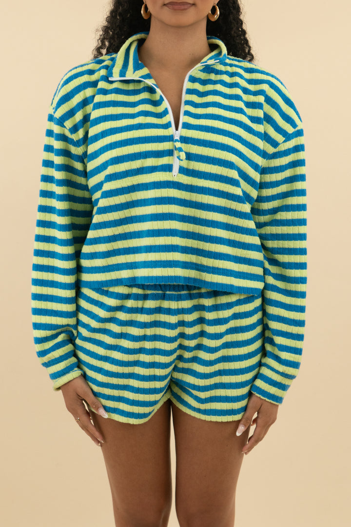 sincerely jules for bandier green/blue striped terry cloth quarter zip 3 piece set(m; retail $234))tail