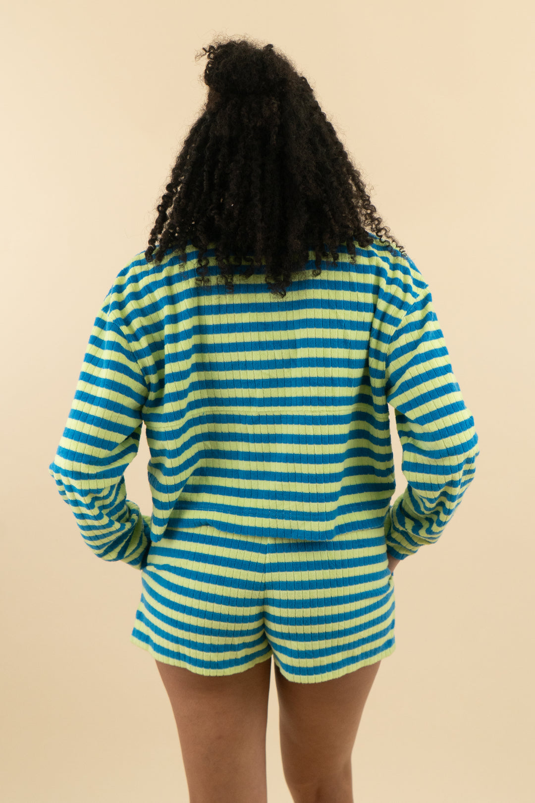 sincerely jules for bandier green/blue striped terry cloth quarter zip 3 piece set(m; retail $234))tail