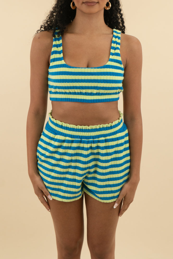 sincerely jules for bandier green/blue striped terry cloth quarter zip 3 piece set(m; retail $234))tail