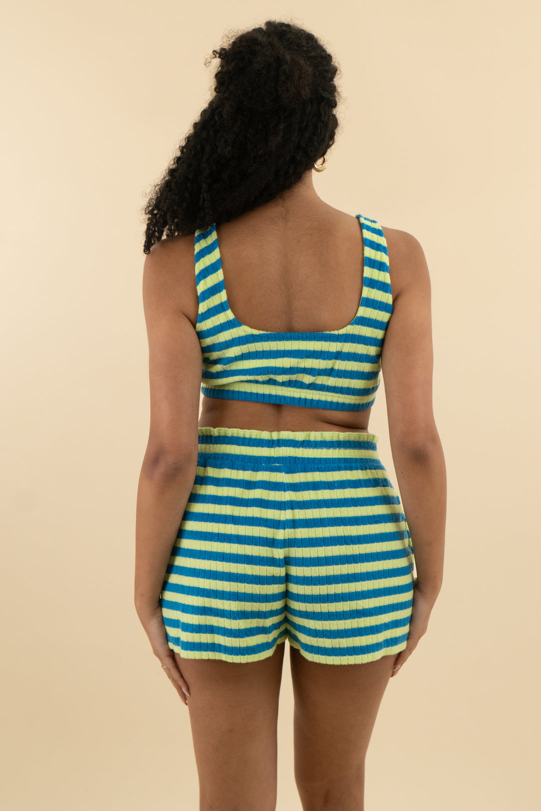 sincerely jules for bandier green/blue striped terry cloth quarter zip 3 piece set(m; retail $234))tail