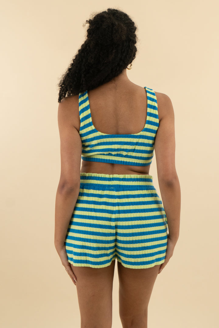sincerely jules for bandier green/blue striped terry cloth quarter zip 3 piece set(m; retail $234))tail