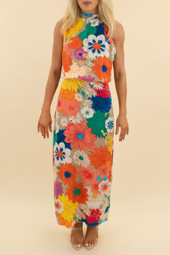 multicolor floral tie neck midi dress (m; retail $35)