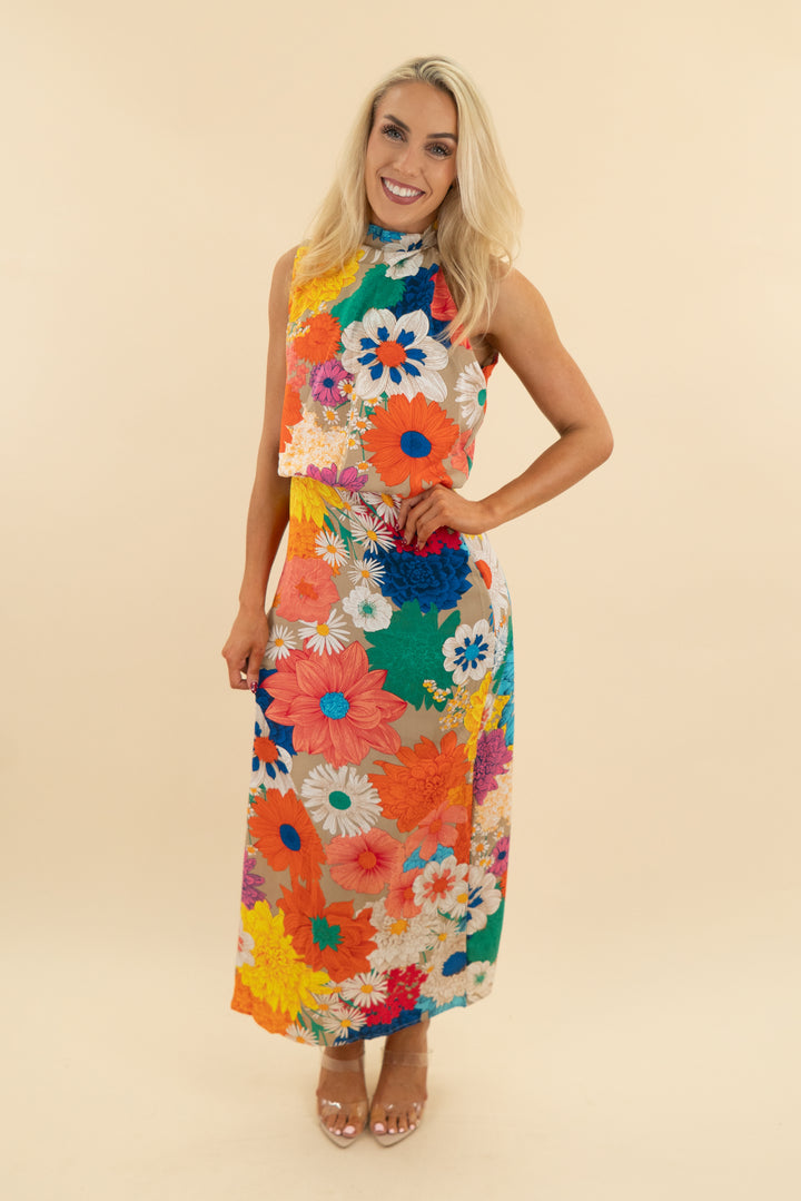 multicolor floral tie neck midi dress (m; retail $35)