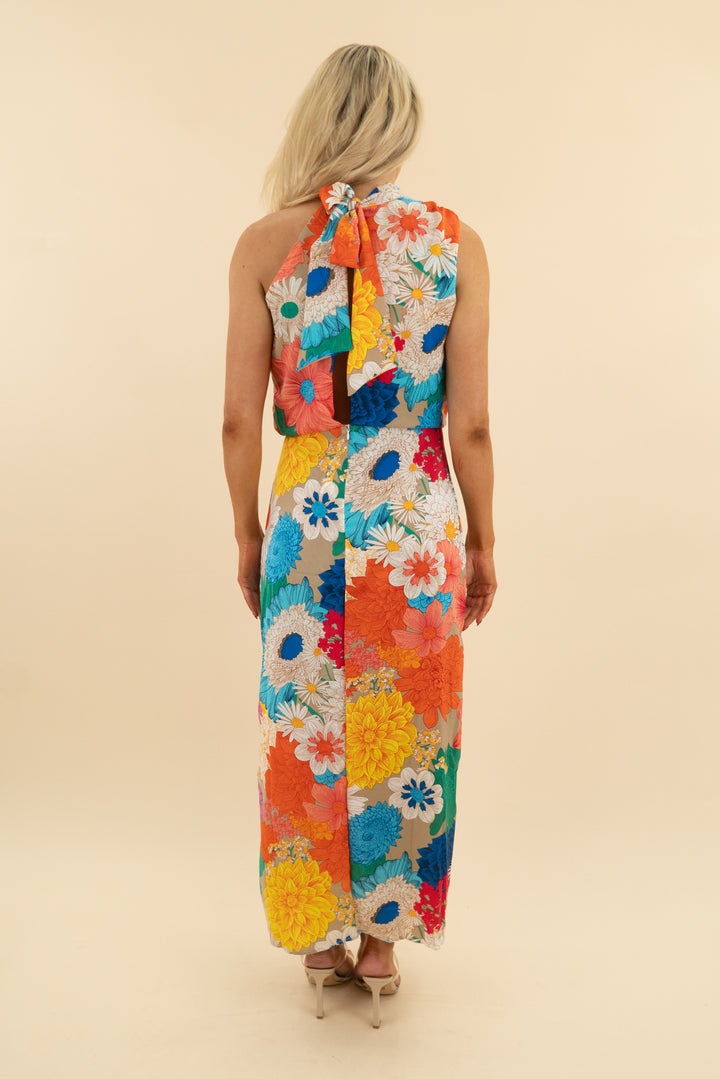 multicolor floral tie neck midi dress (m; retail $35)