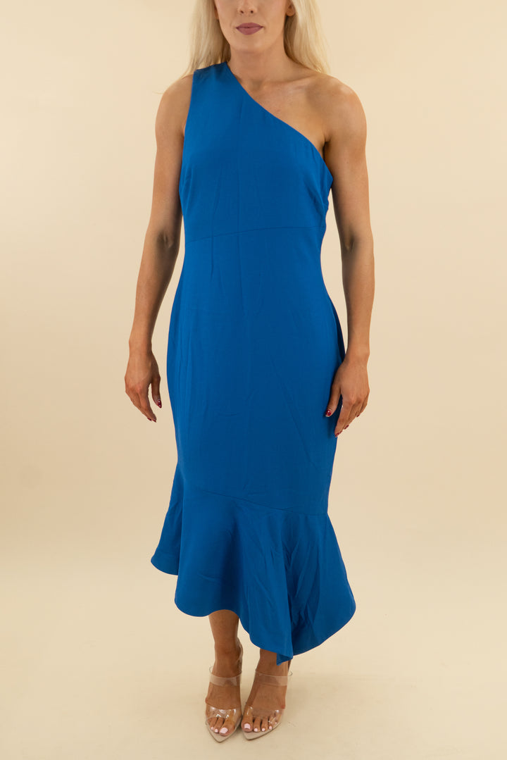 venus cobalt blue one shoulder midi dress (10; retail $49)