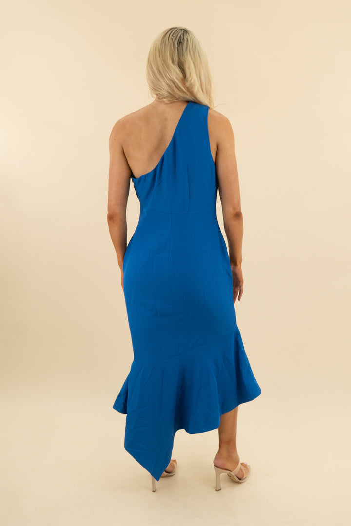 venus cobalt blue one shoulder midi dress (10; retail $49)