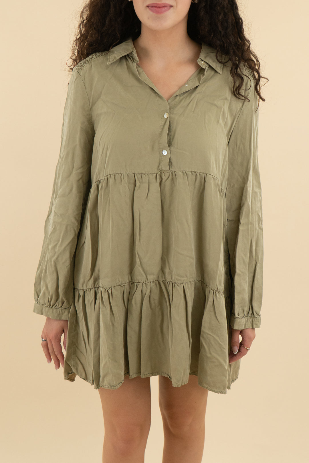 zara sage green ruffle button down dress (l; retail $49.90)