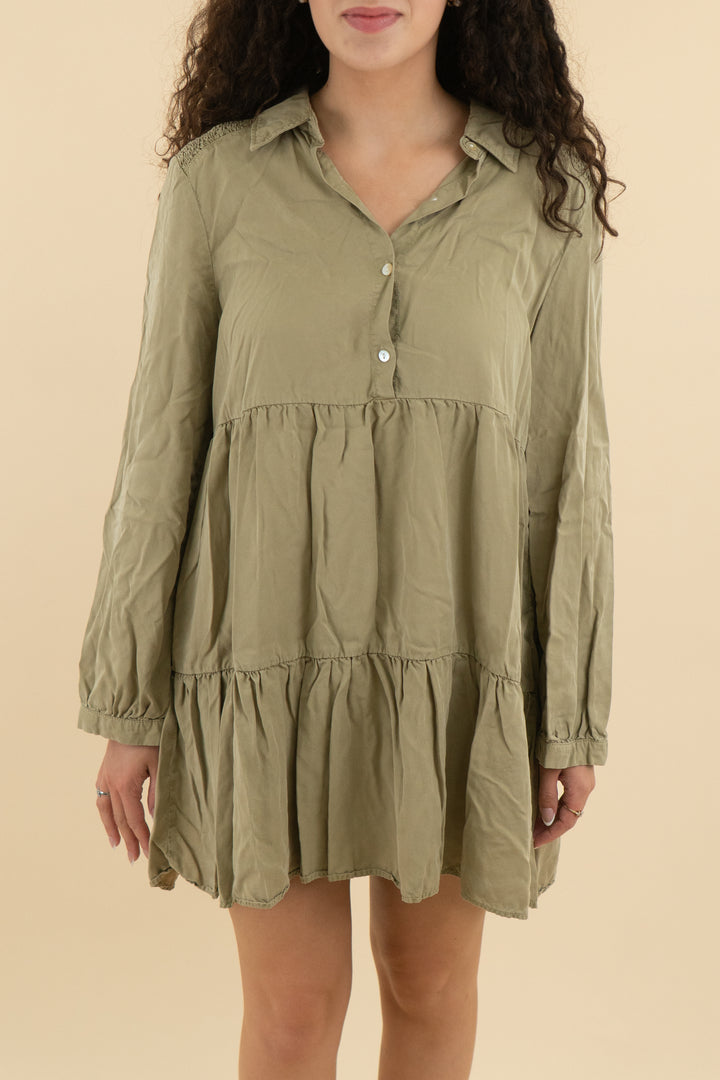 zara sage green ruffle button down dress (l; retail $49.90)