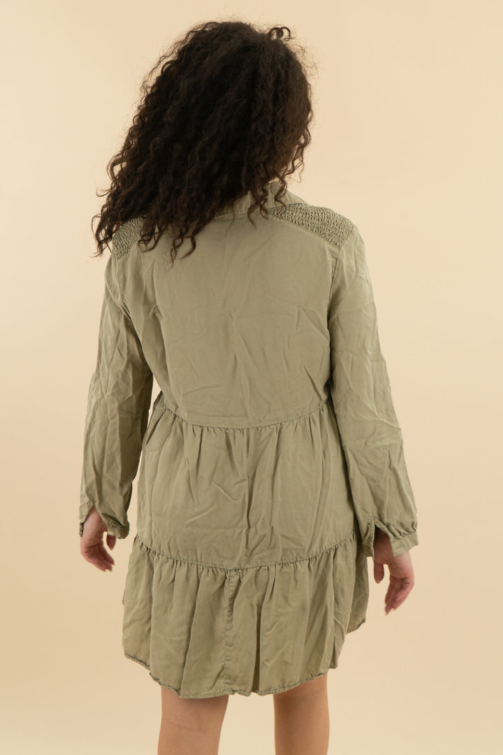zara sage green ruffle button down dress (l; retail $49.90)