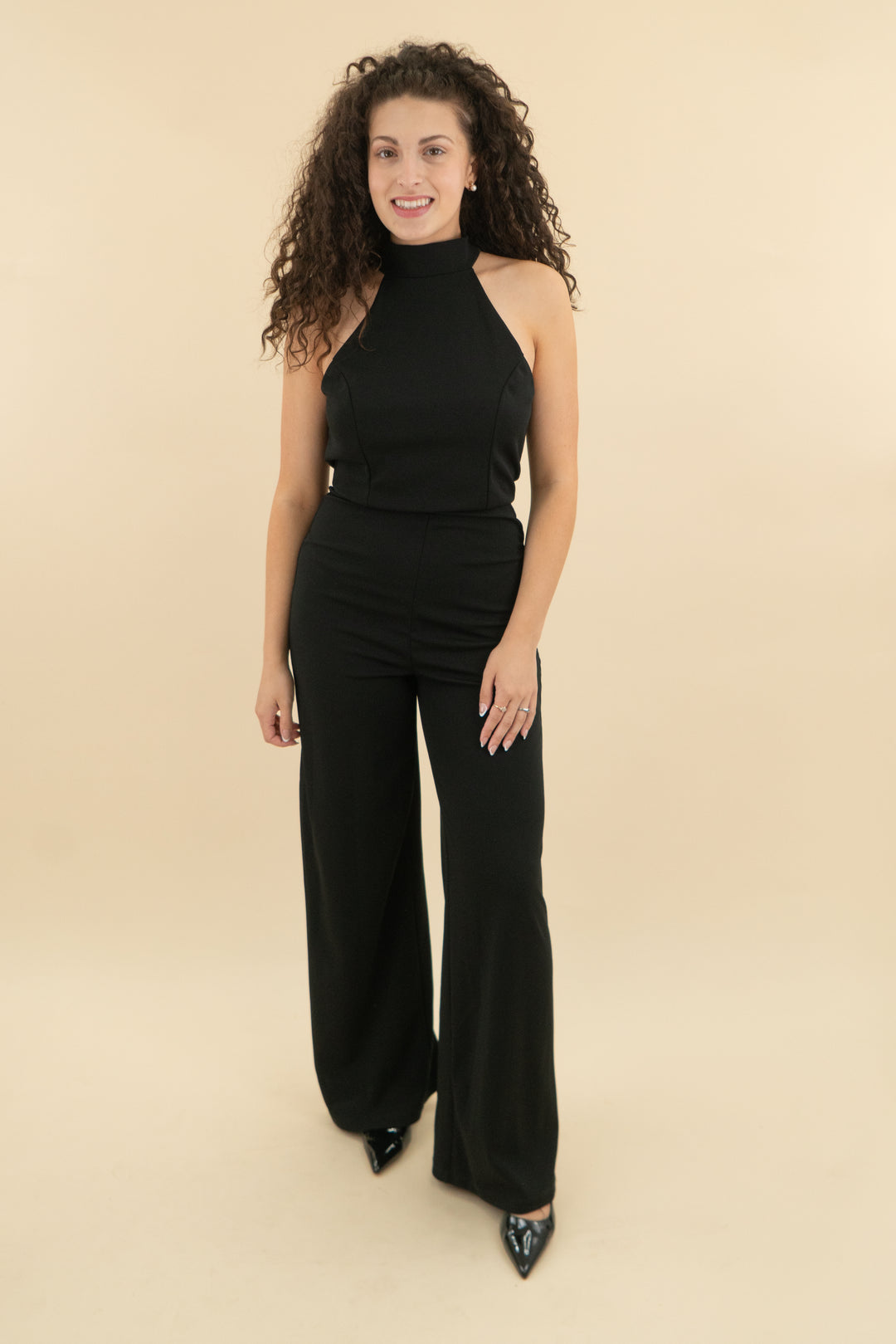 karlie black sleeveless high neck jumpsuit (m; retail $100)