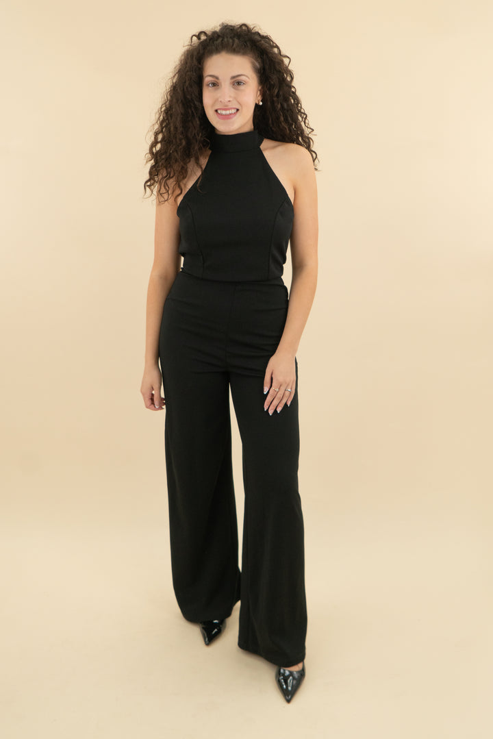 karlie black sleeveless high neck jumpsuit (m; retail $100)