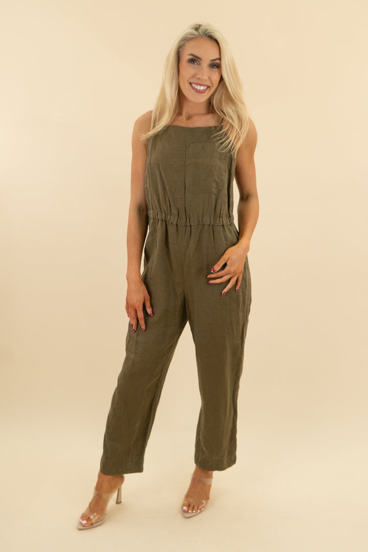 everlane green/brown linen jumpsuit (m; retail $148)